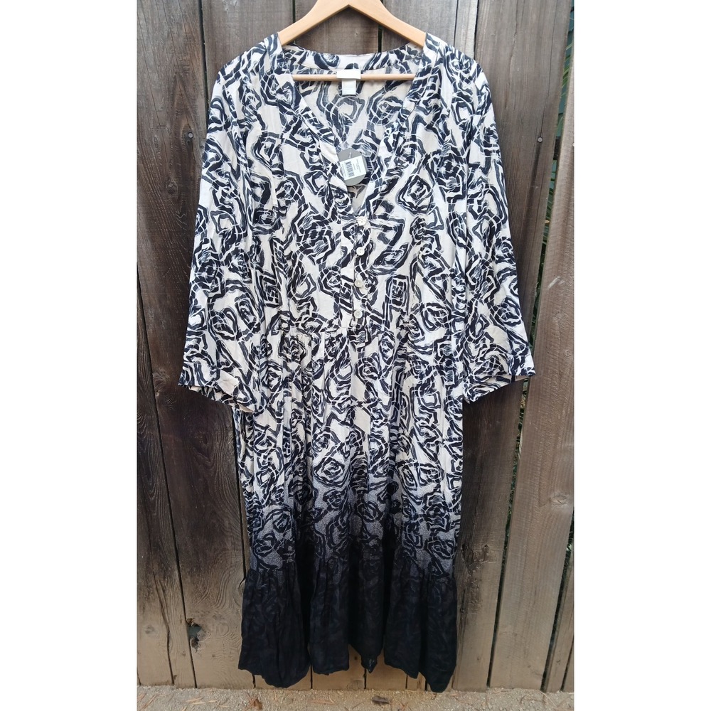 Zim Zoe Dress Womens Plus Black Geometric Pockets Flowy Midi House Dress 26/28